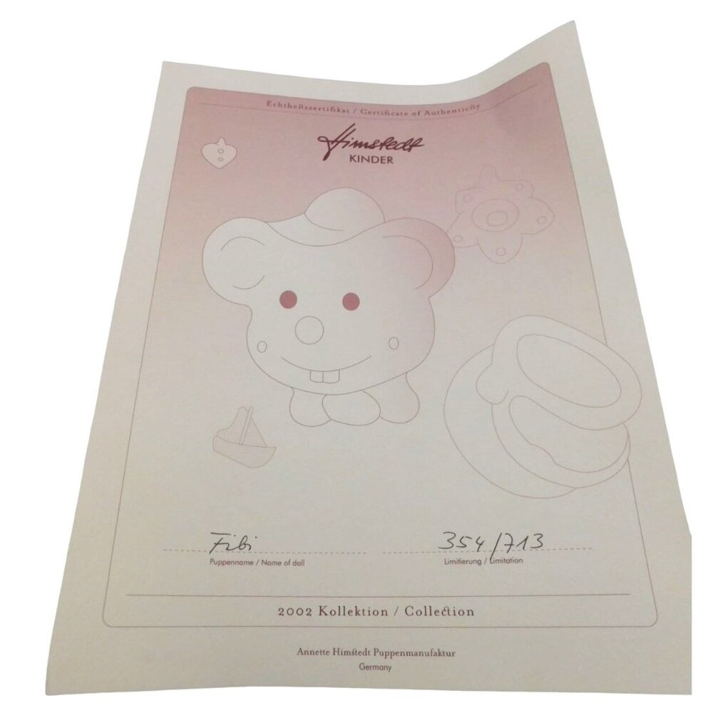 Annette Himstedt Doll Fibi Certificate Authenticity 2002 354/713 Paperwork Only